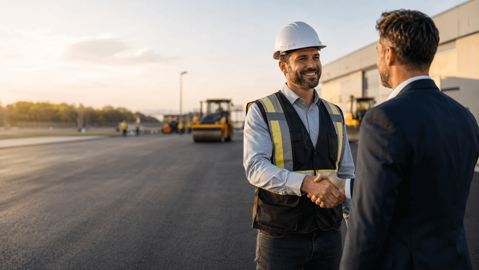 Engenheiro da Estáter Pavimentação em obra fechando acordo com cliente